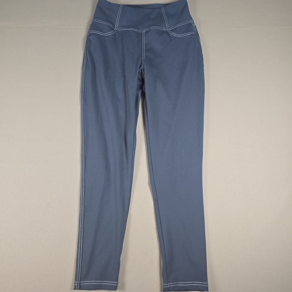 VOOVEEYA Jean Look Yoga Pants Medium High Waisted Contrast Stitch Leggings Blue